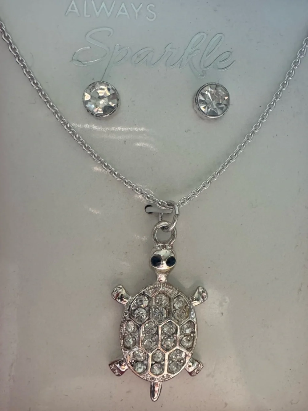 Turtle necklace and earrings set| silver|rhinestone, crystal jewelry set